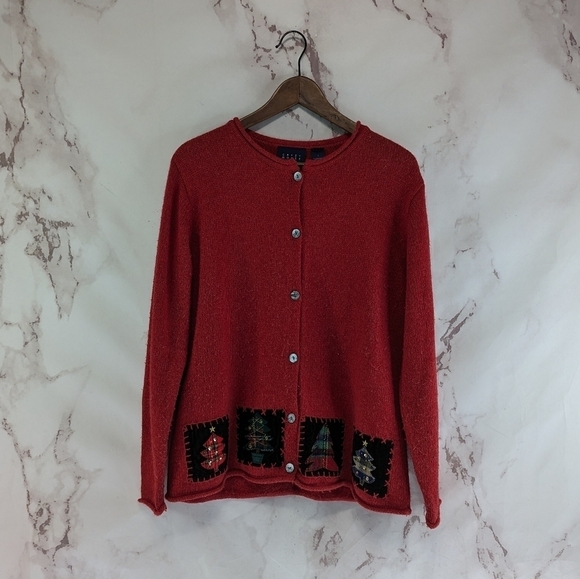 Ugly Christmas Sweater Womens Large Wool Tree Plaid Patchwork Cardigan 90s Vtg - Picture 1 of 12